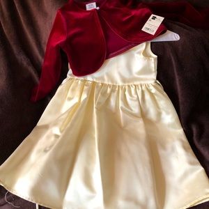 Satin dress with red velvet jacket